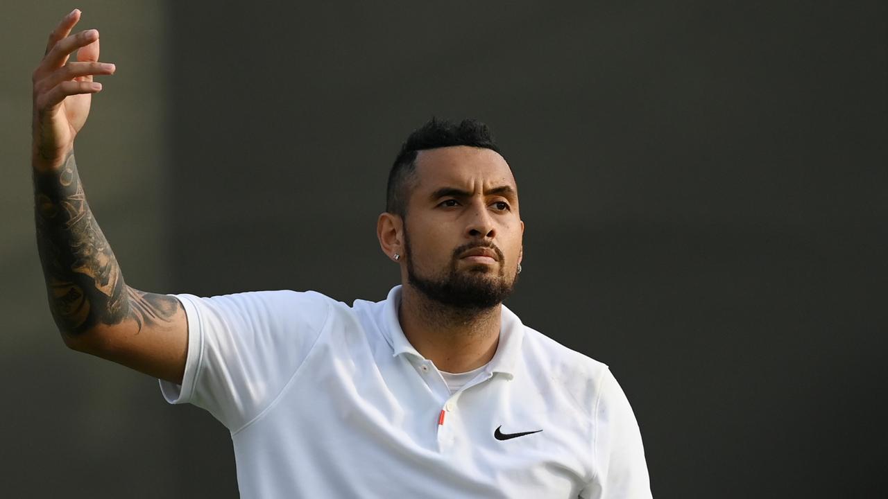 LONDON, ENGLAND - JULY 01: Nick Kyrgios of Australia celebrates match point during his men's singles second round match against Gianluca Mager of Italy during Day Four of The Championships - Wimbledon 2021 at All England Lawn Tennis and Croquet Club on July 01, 2021 in London, England. (Photo by Mike Hewitt/Getty Images)