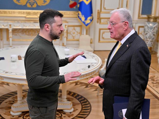 Volodymyr Zelensky and Keith Kellogg met at his offices in Kyiv but a joint press conference was ditched from the “American side”. Picture: AFP