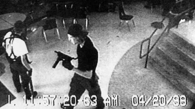 Eric Harris, left and Dylan Klebold, right, are shown in a still photo taken from CCTV during the shooting rampage. Picture: Jefferson County Sheriff's Department