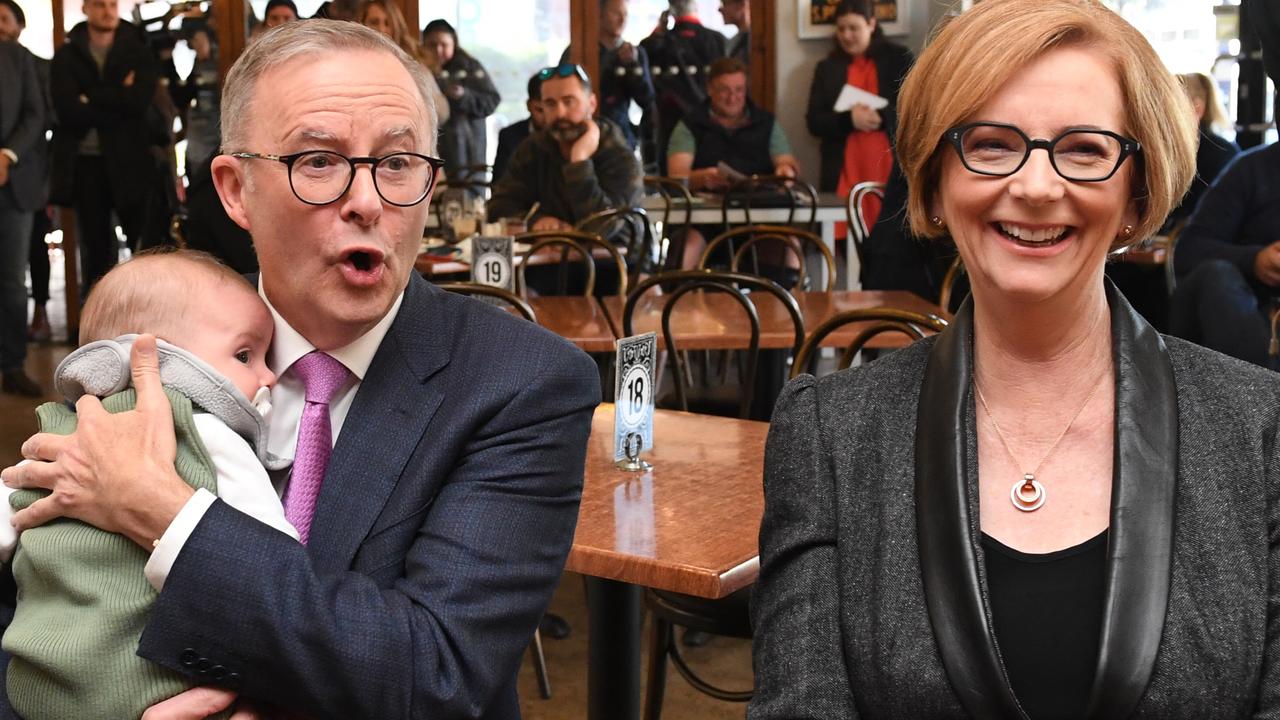 Anthony Albanese with former Australian Prime Minister Julia Gillard during the election campaign. Picture: AAP Image/Lukas Coch