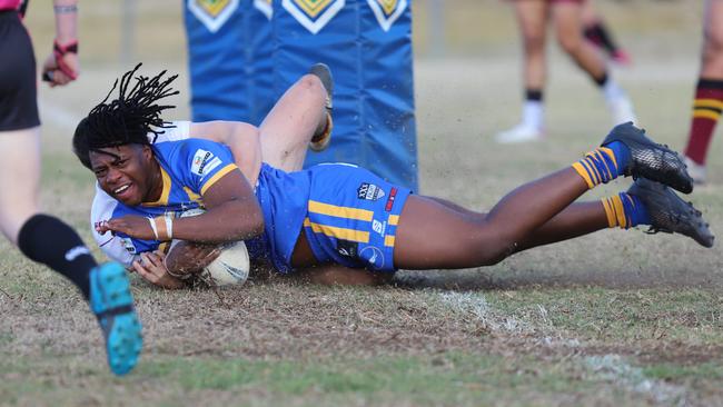 Levi Osei scores for Campbelltown City against Thirlmere Roosters. Picture: Steve Montgomery