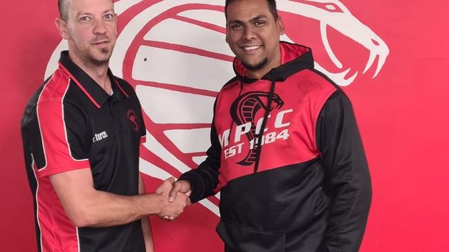 Merinda Park captain-coach Matt Campbell with recruit Bevin Corneille. Picture: Facebook