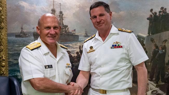 US Chief of Naval Operations Admiral Mike Gilday, left, with the Royal Australian Navy’s Chief of Navy Vice Admiral Mark Hammond at the Pentagon on September 23. Picture: US Navy / Facebook