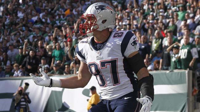 Rob Gronkowski #87 of the New England Patriots plays against the New York Jets.