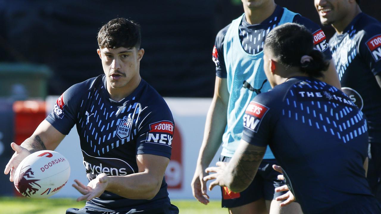 Kotoni Staggs with the ball. NSW Blues State of Origin squad in training at Coogee Oval. Picture: John Appleyard