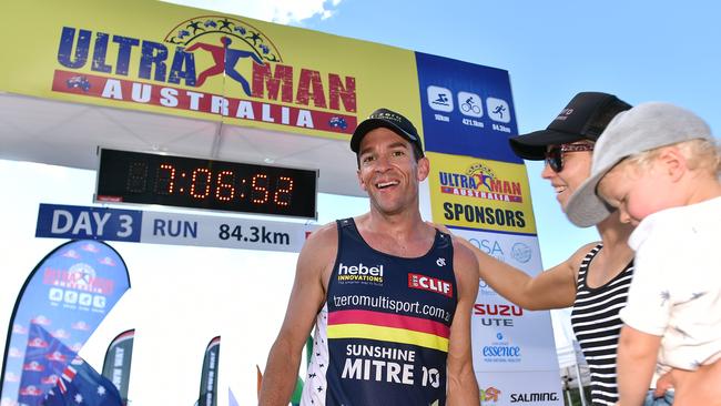 Ultraman Australia 2017 Champion Richard Thompson crosses the finish line at Noosa Main Beach in a World Best Ultraman time.