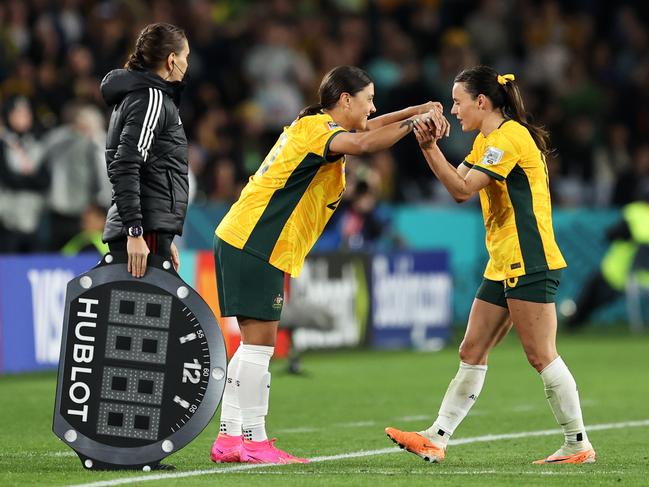 Sam Kerr is brought in for her first minutes at the World Cup, replacing Hayley Raso. Picture: Getty