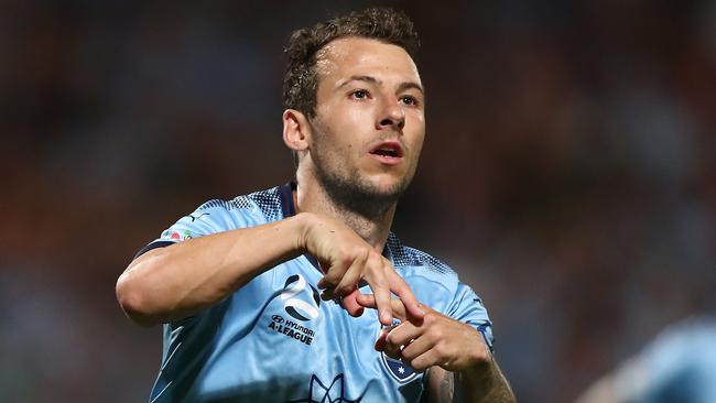 Sydney FC striker Adam Le Fondre marks another goal with his trademark celebration. Picture: Getty Images