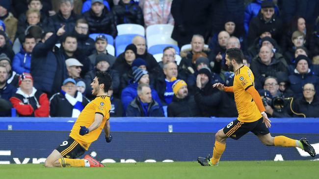Wolverhampton Wanderers’ Raul Jimenez, left, celebrates scoring his side's second goal of the game during the English Premier League soccer match against Everton at Goodison Park. Picture: AP