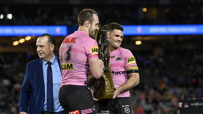 Nathan Cleary and Isaah Yeo take the trophy. Picture: NRL Photos