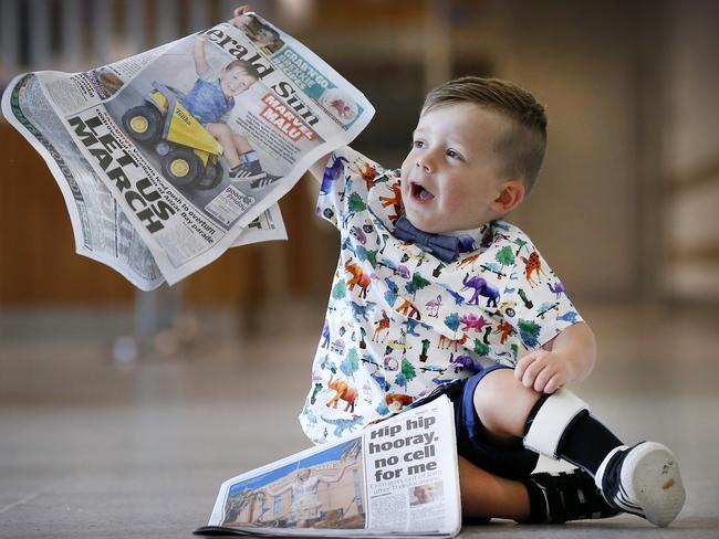 Good Friday Appeal launch at the RCH. The face of the Good Friday Appeal Malu, celebrates seeing his picture on the front page of the Herald Sun.                      Picture: David Caird