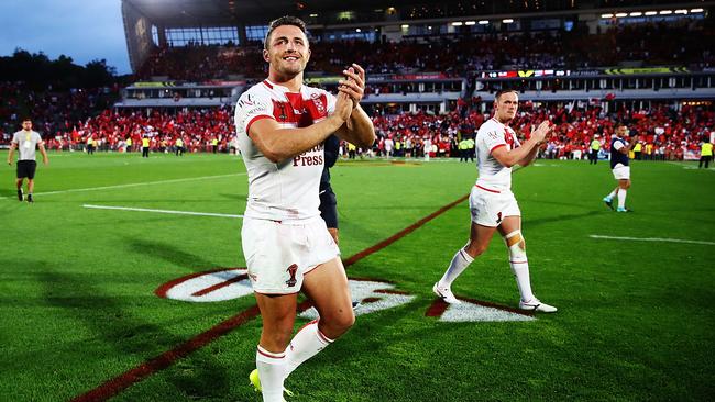 England forward Sam Burgess thanks the crowd after his side’s win over Tonga.