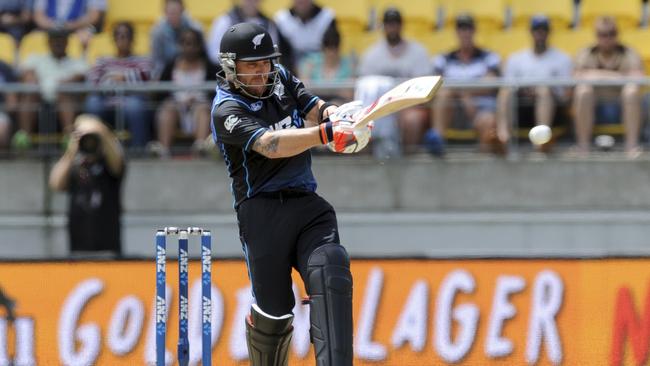 New Zealand’s Brendon McCullum blasts a shot toward the boundary in Wellington.