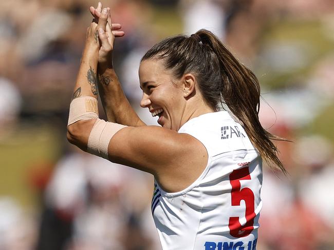 Sydney's Chloe Molloy celebrates kicking a goal  during the AFLW Pride Round match between the Sydney Swans and Collingwood at Henson Park on October 29, 2023. Photo by Phil Hillyard(Image Supplied for Editorial Use only - **NO ON SALES** - Â©Phil Hillyard )