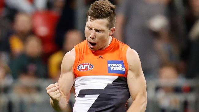 Toby Greene celebrates one of three goals for the Giants.