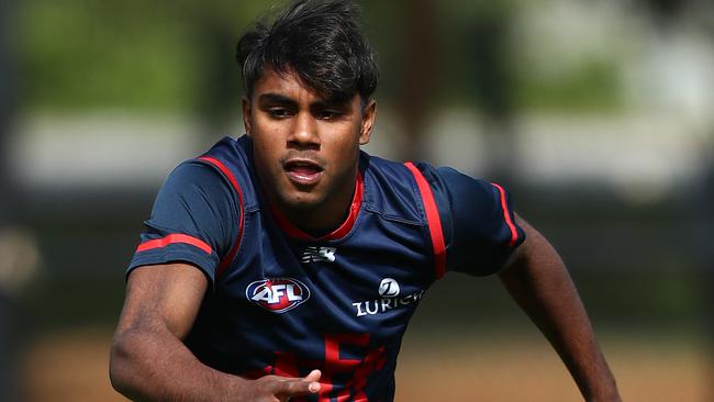 MELBOURNE, AUSTRALIA - DECEMBER 02: Kysaiah Pickett of the Demons runs during a Melbourne Demons AFL pre-season training session at Gosch's Paddock on December 02, 2019 in Melbourne, Australia. (Photo by Kelly Defina/Getty Images)