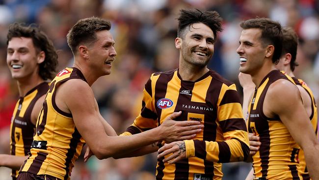 Chad Wingard of the Hawks celebrates a goal. Picture: Dylan Burns/AFL Photos via Getty Images