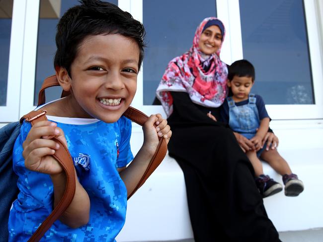 Mum Moreen Dean will be sending her 4-year-old boy Hamza Khan to kindy this year. Pictured with Hamza and her 2-year-old son Waseem as they prepare for the school year. Picture: Toby Zerna