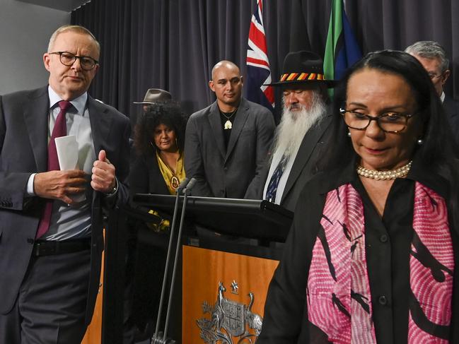 CANBERRA, AUSTRALIA - MARCH 23: Prime Minister, Anthony Albanese holds a press conference with the Minister for Indigenous Australians, Linda Burney, the Attorney-General, Mark Dreyfus, Senator Malarndirri McCarthy, Senator Patrick Dodson, and members of the Referendum Working Group at Parliament house in Canberra. Picture: NCA NewsWire / Martin Ollman