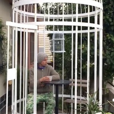 One Melburnian has spent the lockdown drinking coffee in a gigantic bird cage.