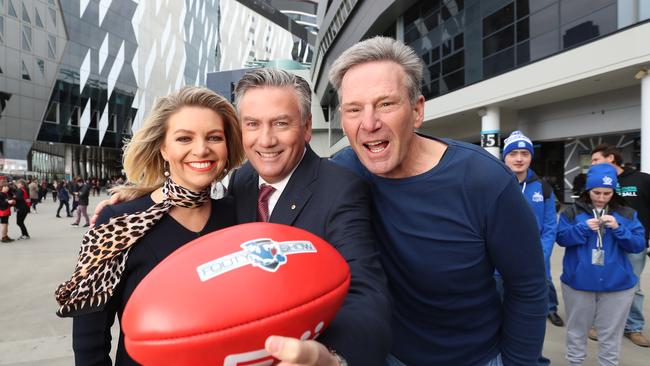 Kicking on: Footy Show co-stars Rebecca Maddern, Eddie McGuire and Sam Newman. Picture: Alex Coppel.