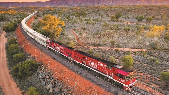 The Ghan train travelling through the Outback.