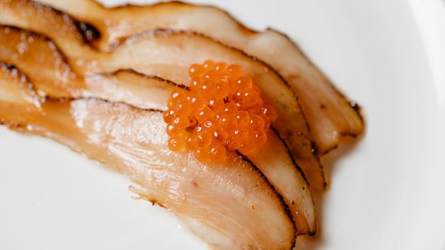 Pork jowl, scallop and trout roe. Picture: Kate Shanasy.