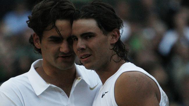 Federer and Nadal after the 2008 Wimbledon final, which the Spaniard won. Still one of the greatest matches ever played.