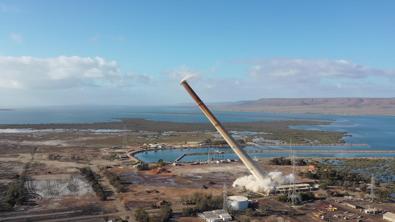 A 200-metre chimney stack at South Australia’s last coal-fired power station in Port August being felled in a controlled explosion. Picture: Supplied