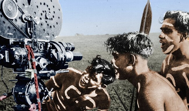 The still image discovered among Bill Onus's things shows the same scene from the 1946 film. Courtesy Tiriki Onus