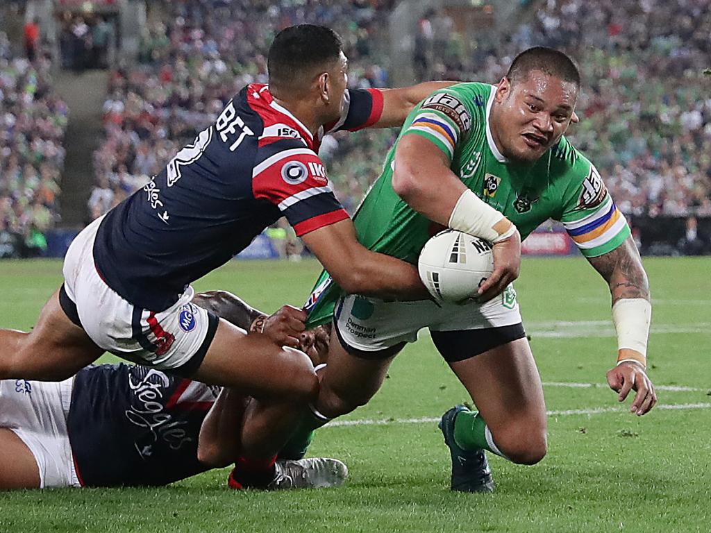 Joey Leilua’s last game for the Raiders was 2019’s heartbreaking grand final loss to the Roosters. Picture: Mark Metcalfe/Getty Images