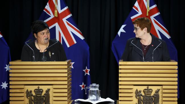 New Zealand and Australian Foreign Affairs ministers Nanaia Mahuta, left, and Marise Payne speak to in Wellington, New Zealand today. Picture: Getty Images