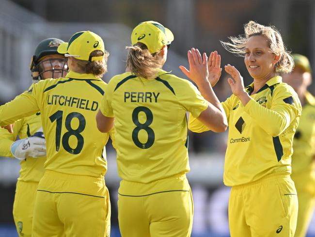 BRISTOL, ENGLAND - JULY 12: Ashleigh Gardner of Australia celebrates with teammates after dismissing Sarah Glenn of England during the Women's Ashes 1st We Got Game ODI match between England and Australia at Seat Unique Stadium on July 12, 2023 in Bristol, England. (Photo by Gareth Copley/Getty Images)