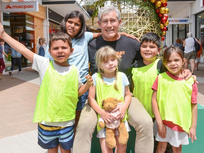 DECEMBER 20, 2022: Kickstart for Kids founder Ian Steel with Malachi, Nyzzariyah, Harper, Beau and Alayah at Harbour Town for the Advertiser Foundation Kids Christmas Appeal. Picture: Brenton Edwards