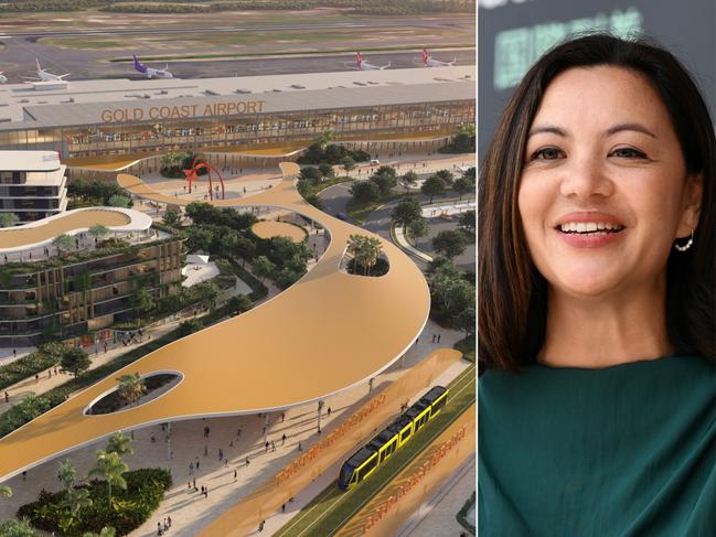 Artist impression of the Gold Coast Airport masterplan, which features new hotels, a light rail connection and retail precinct. Picture: Supplied
