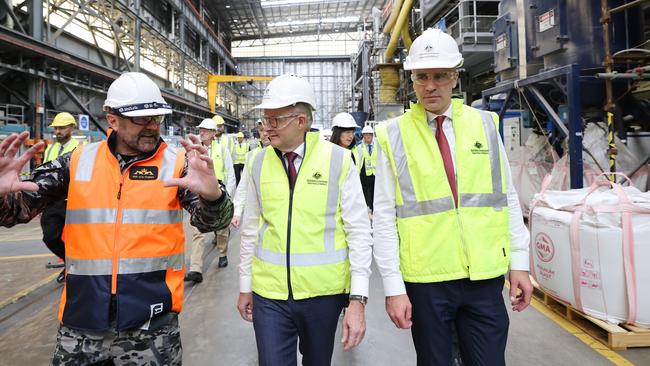 Prime Minister Anthony Albanese and Premier Peter Malinauskas on a tour of the Osborne Naval Shipyard in April, 2023. Picture: NCA NewsWire / David Mariuz