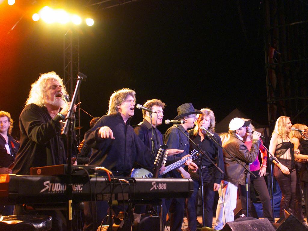 Brian Cadd with Jim Keays, Ross Wilson, Russell Morris, Glenn Shorrock, Wendy Stapleton, Ted Mulry and Joe Camilleri performing at the Legends Concert in 2000.