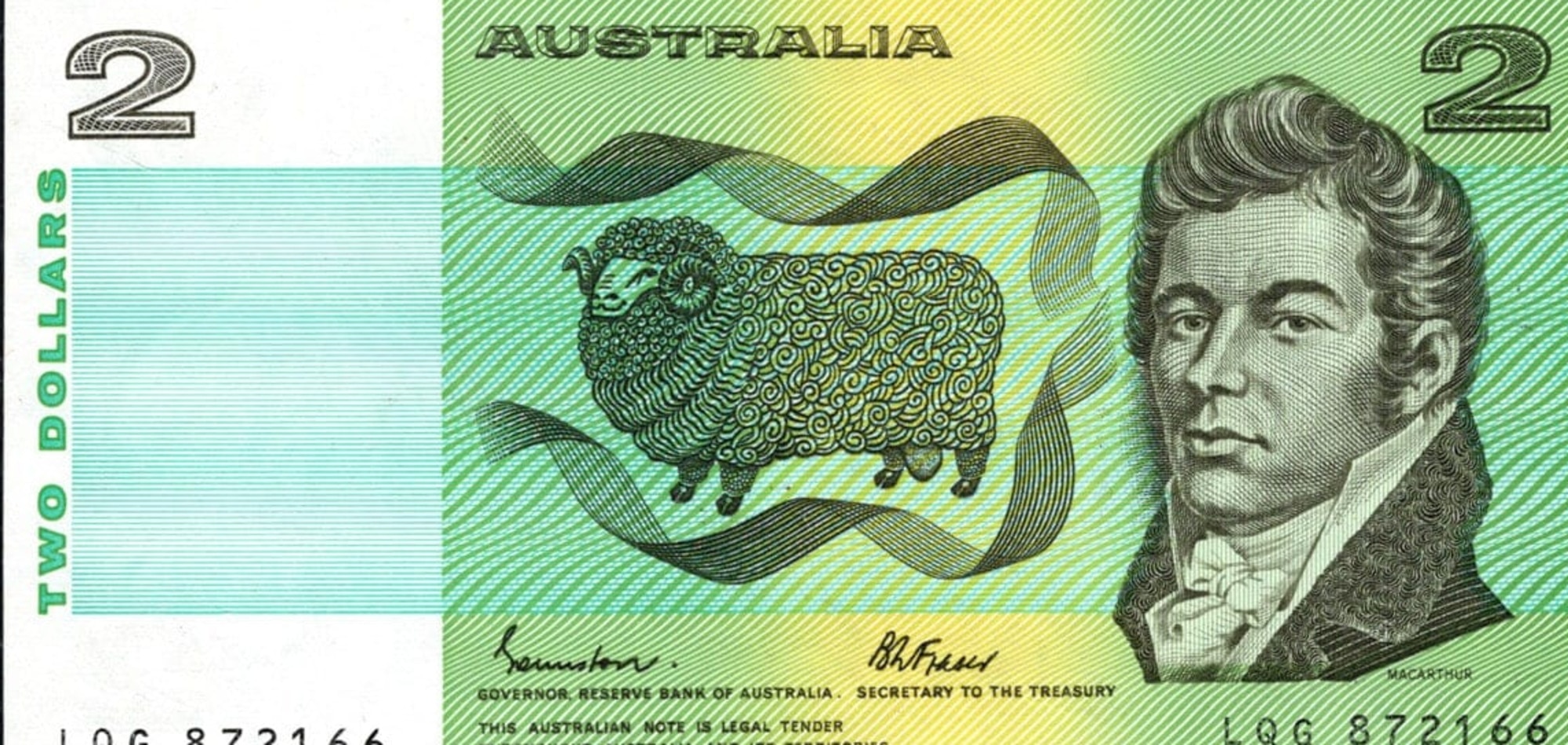 $2 Australian note featuring Second Fleet officer and pastoralist John Macarthur.