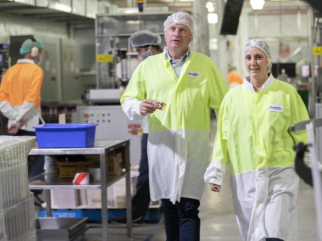 Premier Jeremy Rockliff and site manager Roberta Pietroniro at the Cadbury factory, Claremont. Picture: Chris Kidd