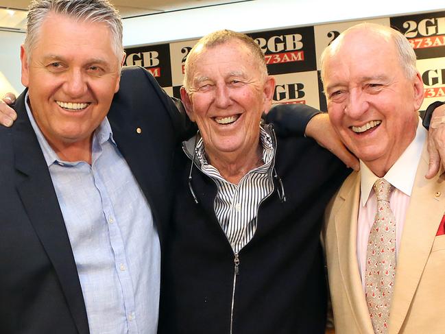 08/11/2016: Ray Hadley, John Singleton and Alan Jones at 2GB in Pyrmont, celebrating 100 consecutive radio ratings wins.Pic by James Croucher