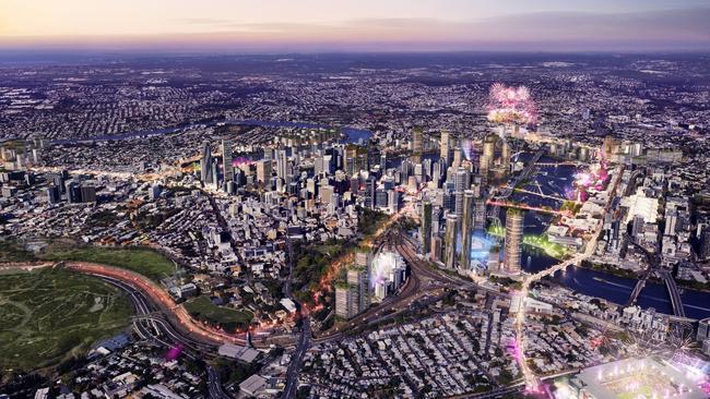 Courier Mail Future BNE campaign Urbis render. Aerial view of proposed ideas for Brisbane Southbank and CBD for the 2032 Olympics.