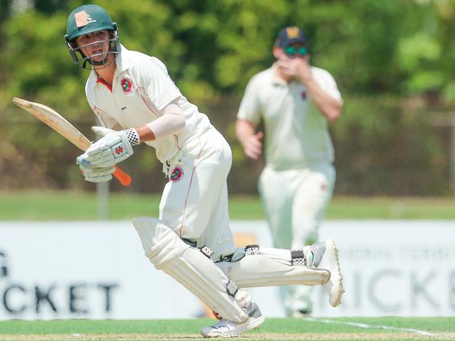 Keirran Voelkl batting for Southern Districts in the Darwin and District Cricket Competition grand final last September. He scored 671 runs for the Crocodiles in a spectacular season. Picture Glenn Campbell