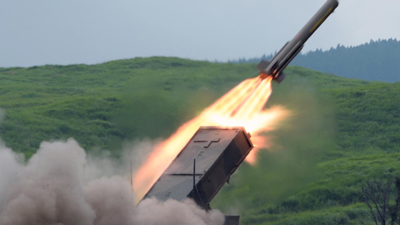 A Japanese Ground Self-Defence Force type-92 anti-mine rocket launcher firing a missile during an annual live fire exercise at the Higashi-Fuji firing range in Gotemba, at the foot of Mt Fuj. Picture: Toshifumi Kitamura/AFP