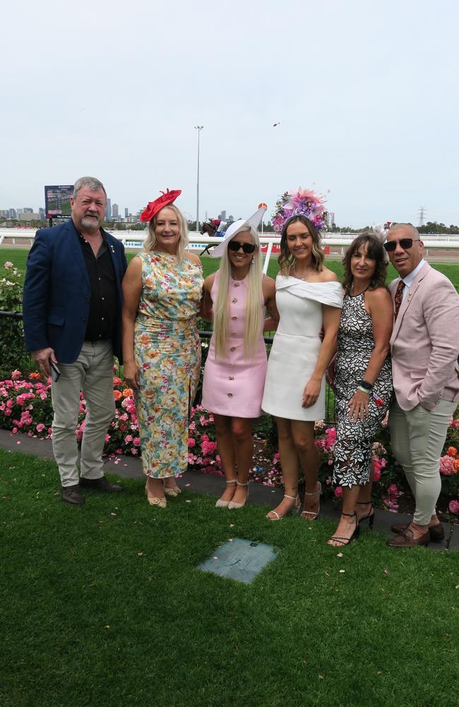 Loz, Graham, Anik, Nich, Simone and Marty at Seppelt Wines Stakes Day 2024 at Flemington Racecourse. Picture: Gemma Scerri