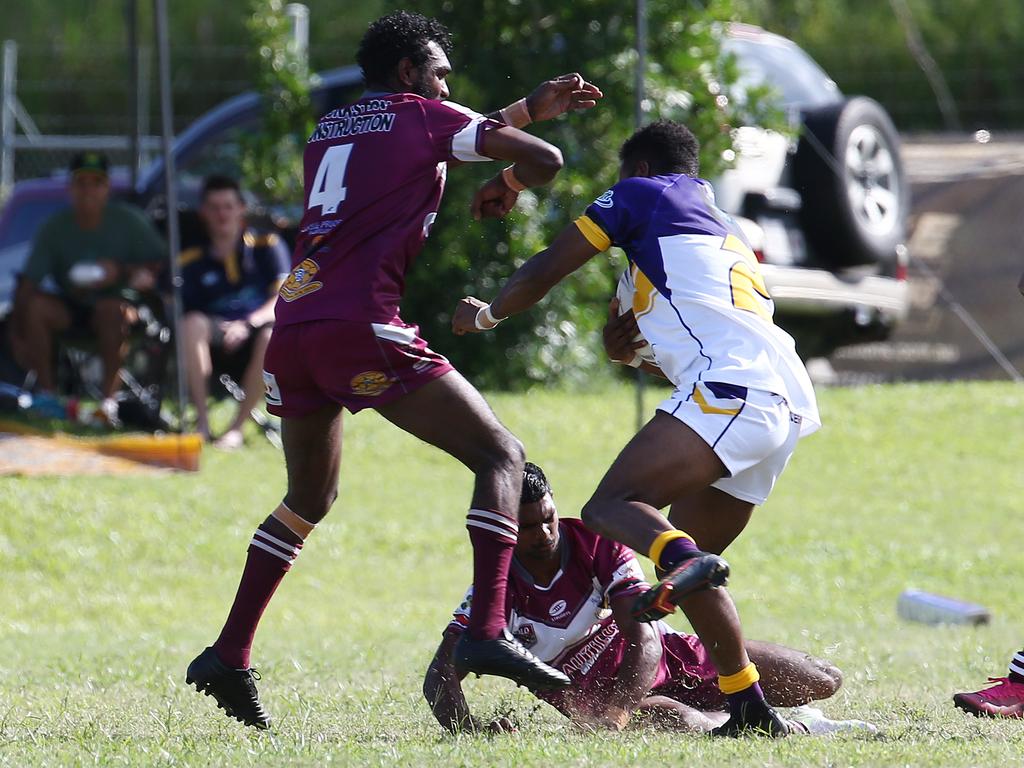 Yarrabah's Guwelle Costello jumps at Edmonton's Wes Walker. Picture: Brendan Radke