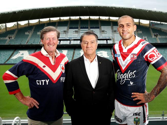 Russell Fairfax who played in the 1976 Workd Club Challenge with  Roosters Chairman Nick Politis and Blake Ferguson who will play in this years World Club Challenge .Picture Gregg Porteous