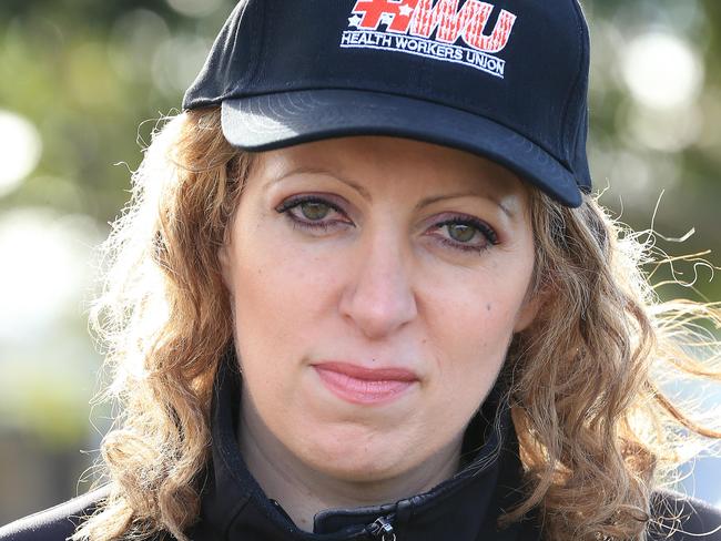 Health Workers Union Secretary Diana Asmar at the union rally over 100 job losses at Barwon Health's in-house laundry. Picture: Peter Ristevski