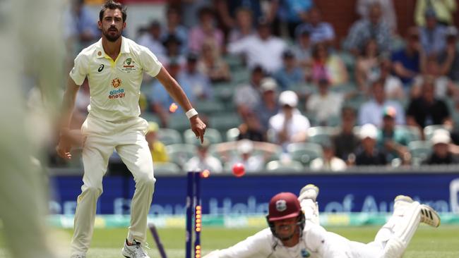 ADELAIDE, AUSTRALIA – DECEMBER 10: Tagenarine Chanderpaul of West Indies is run-out by Mitchell Starc of Australia during day three of the Second Test Match in the series between Australia and the West Indies at Adelaide Oval on December 10, 2022 in Adelaide, Australia. (Photo by Matt King/Getty Images)