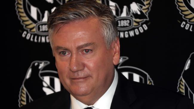 An emotional Eddie McGuire at Tuesday’s press conference. Picture: Alex Coppel