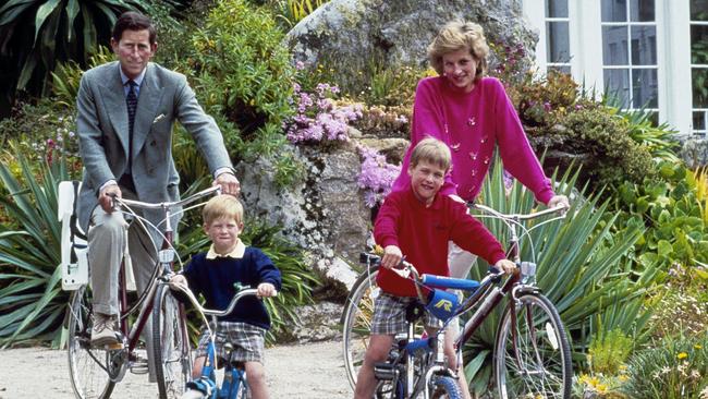 1989, Prince Charles and Princess Diana and their sons, Princes William, right, and Harry vacationing in the Scilly Isles. Picture: AP